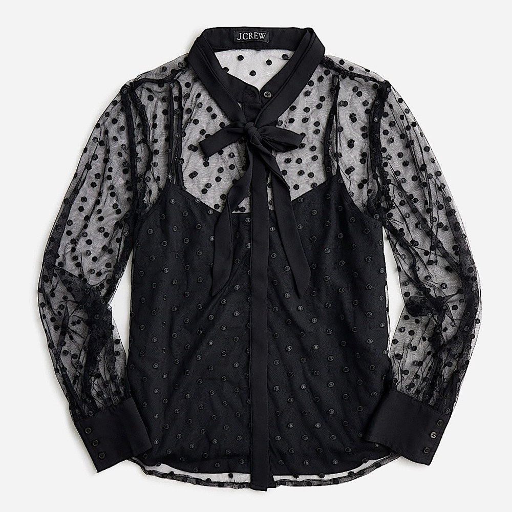 ♣️J Crew Tie-neck Long-sleeve Top in Dotted Tulle in Black, 12 - Picture 2 of 5